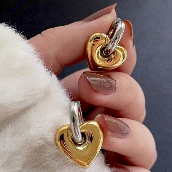 SALE 18k Gold Mixed Metal Silver Abstract Heart Hoop Earrings - Picture 1 of 3
